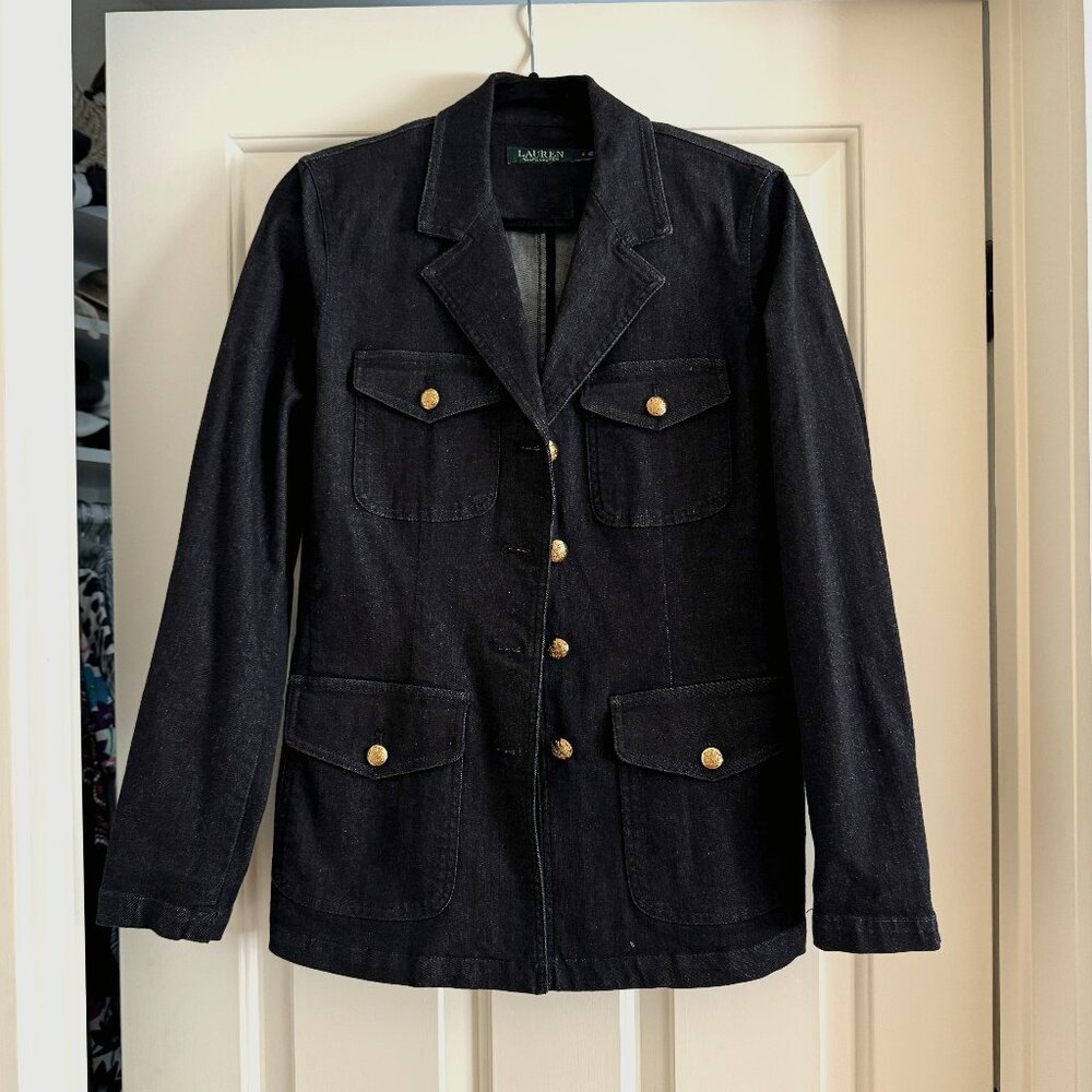 Lauren size 6 NWOT single breasted dark blue denim blazer with brass buttons